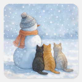 Schneemann mit drei Katzen in einem schneebedeckte Quadratischer Aufkleber