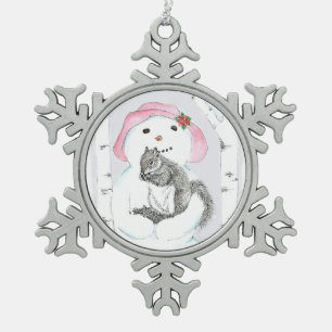 Schneemann mit Eichhörnchen Schneeflocken Zinn-Ornament