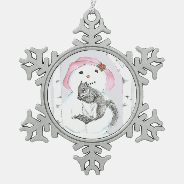 Schneemann mit Eichhörnchen Schneeflocken Zinn-Ornament (Vorderseite)