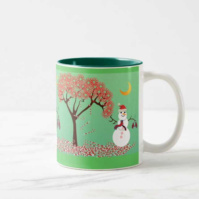 Schneemann mit einem Candycane-Baum Zweifarbige Tasse (Rechts)