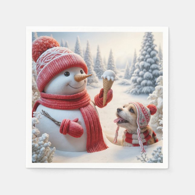 Schneemann mit Eiscreme und Hund Serviette (Vorderseite)