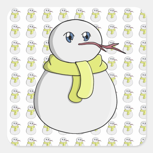Schneemann mit gelbem Schal Quadratischer Aufkleber (Vorderseite)