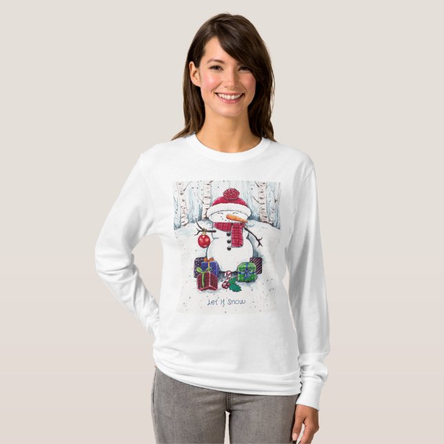 Schneemann mit Geschenken in Aquarellfarbe T - Shi T-Shirt (Vorne ganz)