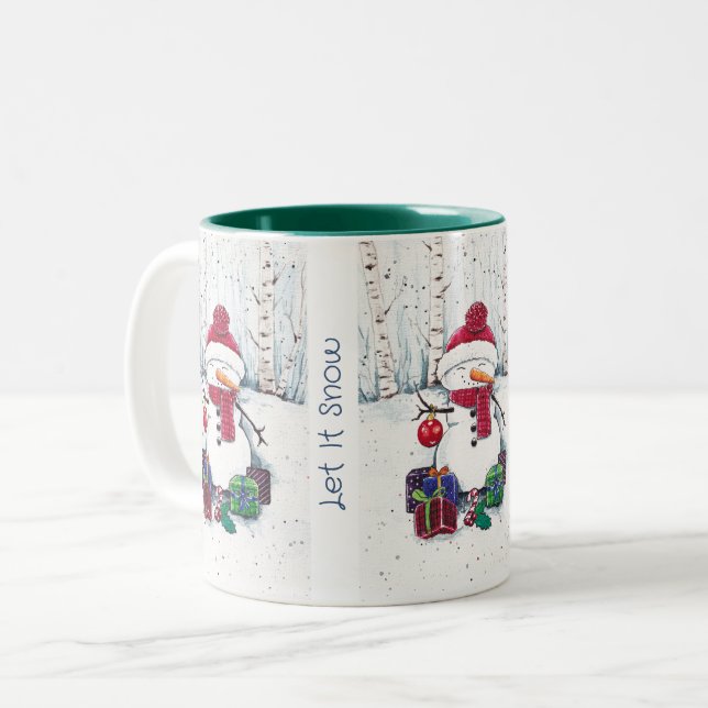 Schneemann mit Geschenken in Aquarellkaffee Tasse (Vorderseite Links)