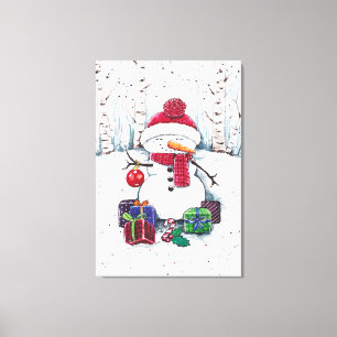 Schneemann mit Geschenken in Aquarellkanälen Print Leinwanddruck