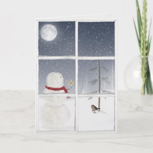 Schneemann mit goldenem Weihnachtsstern im Fenster Karte