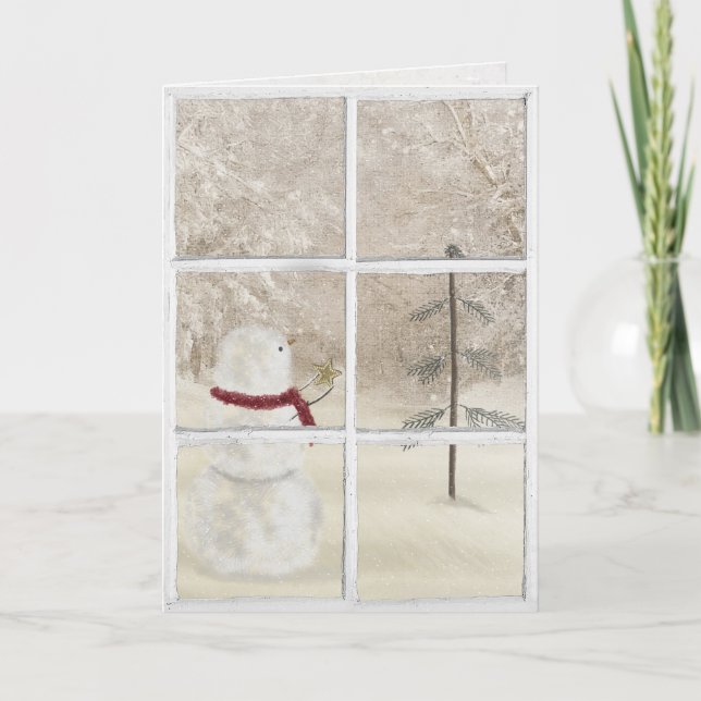 Schneemann mit goldenem Weihnachtsstern im Fenster Karte (Vorderseite)