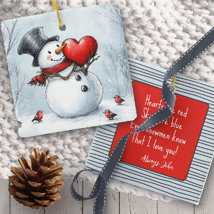Schneemann mit großem Herzen & Gedicht Keramikornament