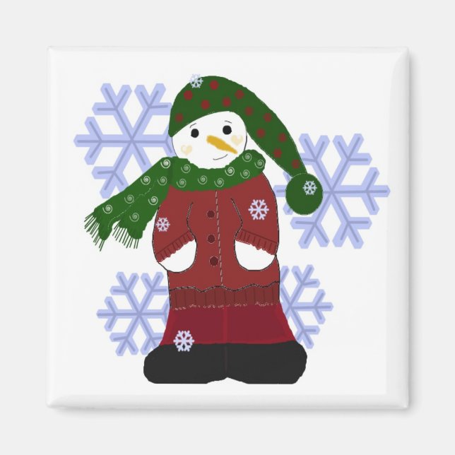 Schneemann mit großen Schneeflocken Magnet (Vorne)