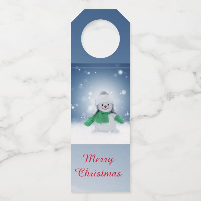 Schneemann mit grünem Schal Flaschenanhänger (Vorderseite)