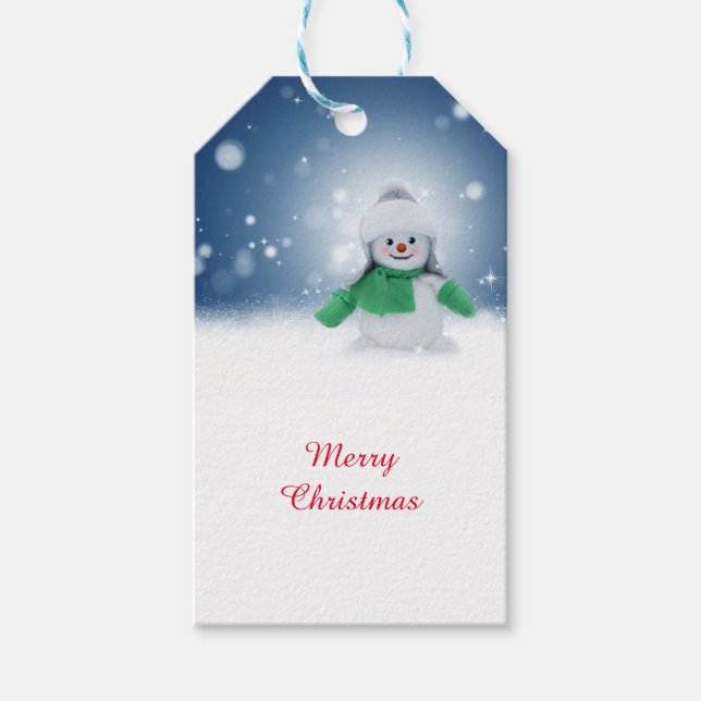 Schneemann mit grünem Schal Geschenkanhänger (Vorderseite)
