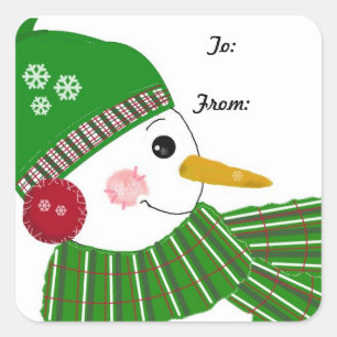 Schneemann mit grüner Mütze und Schal Quadratischer Aufkleber