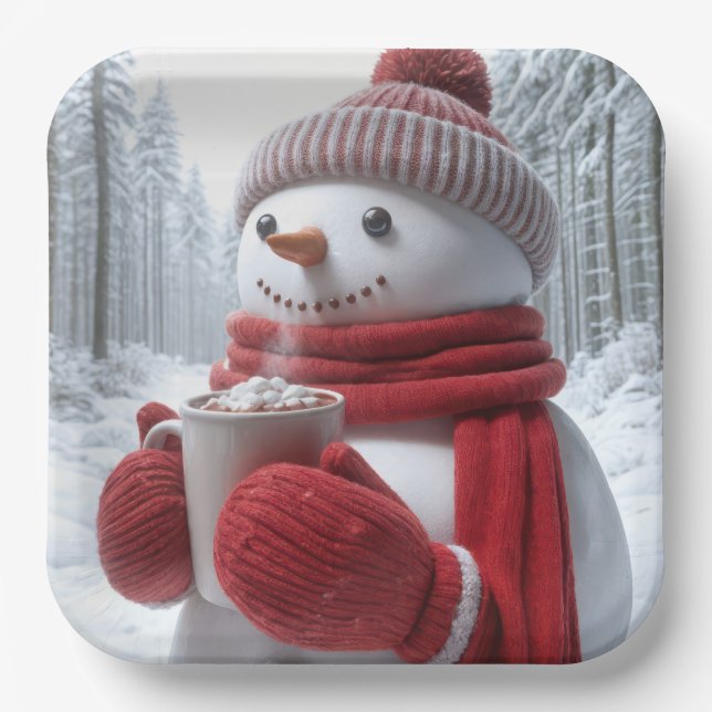Schneemann mit heißer Schokolade Pappteller (Vorderseite)