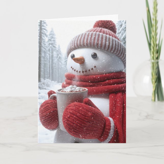 Schneemann mit heißer Schokolade und Schneeflocken Karte (Vorderseite)