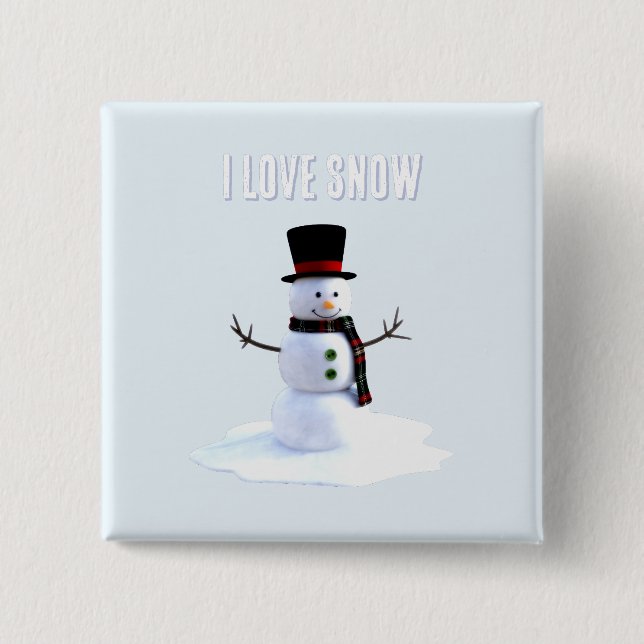 Schneemann mit Hut und Schal. Ich liebe Schnee Button (Vorderseite)