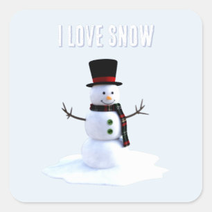 Schneemann mit Hut und Schal. Ich liebe Schnee Quadratischer Aufkleber