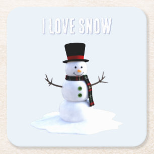 Schneemann mit Hut und Schal. Ich liebe Schnee Rechteckiger Pappuntersetzer
