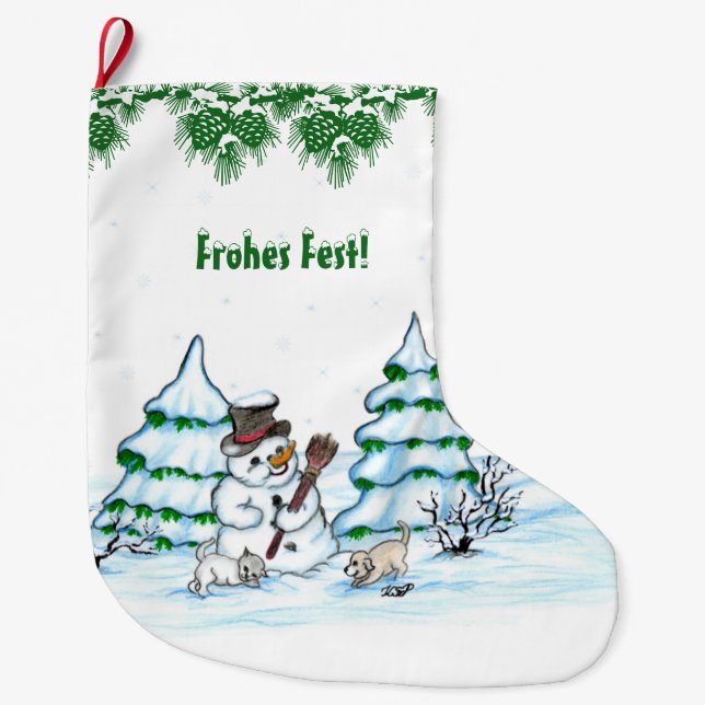 Schneemann mit Katze und Hundewelpe auf Deutsch Großer Weihnachtsstrumpf (Vorderseite)