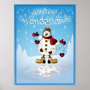 Schneemann mit Red Christmas Hearts Poster