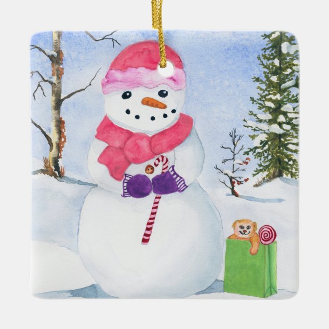 Schneemann mit rosa Schal und Bonbons Ornament (Vorderseite)