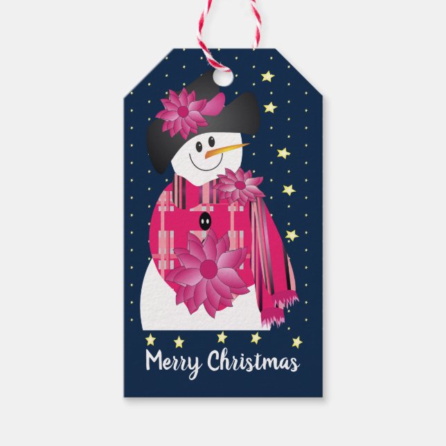 Schneemann mit rosa und dunkelblau geschenkanhänger (Vorderseite)