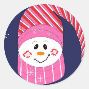 Schneemann mit rosa und roter Mütze Runder Aufkleber