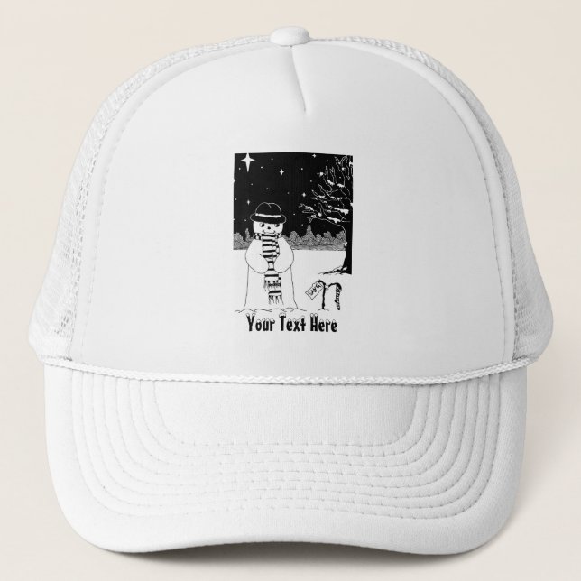 Schneemann mit Schal und Hut, schwarz-weiß Kunst Truckerkappe (Vorderseite)