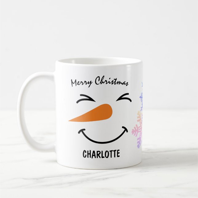 Schneemann mit schmalen Augen, frohe Weihnachten Kaffeetasse (Links)