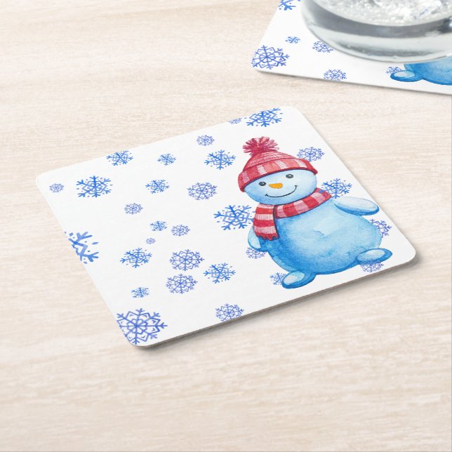 Schneemann mit Schneeflocken wieder verwendbar Rechteckiger Pappuntersetzer (angewinkelt)