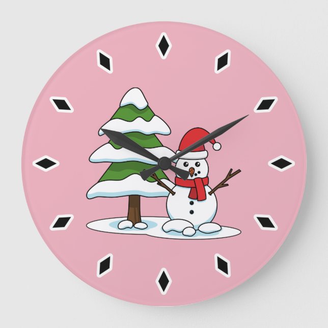 Schneemann mit Snowy Pine Tree Große Wanduhr (Vorderseite)