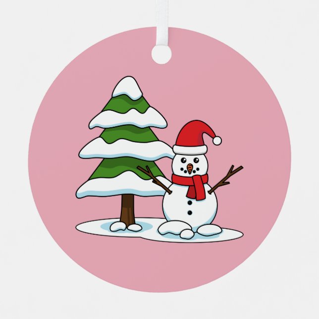 Schneemann mit Snowy Pine Tree Ornament Aus Metall (Vorderseite)