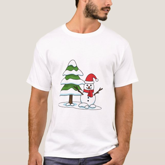 Schneemann mit Snowy Pine Tree T-Shirt (Vorderseite)