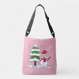 Schneemann mit Snowy Pine Tree Tragetaschen Mit Langen Trägern