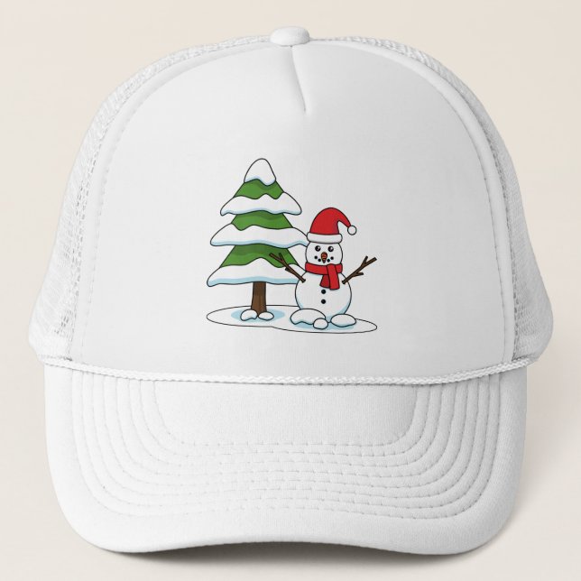 Schneemann mit Snowy Pine Tree Truckerkappe (Vorderseite)