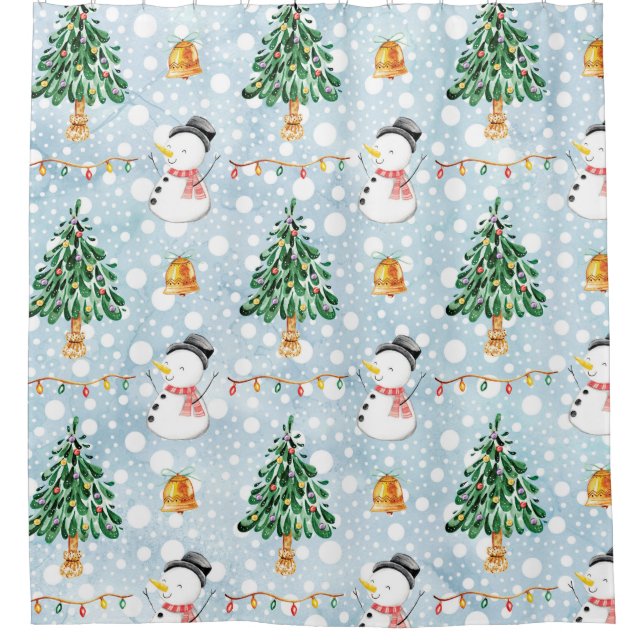 Schneemann mit Tannenbaum im Aquarellmuster Duschvorhang (Vorderseite)