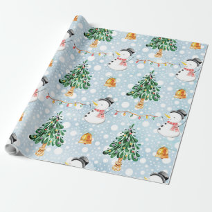 Schneemann mit Tannenbaum im Aquarellmuster Geschenkpapier