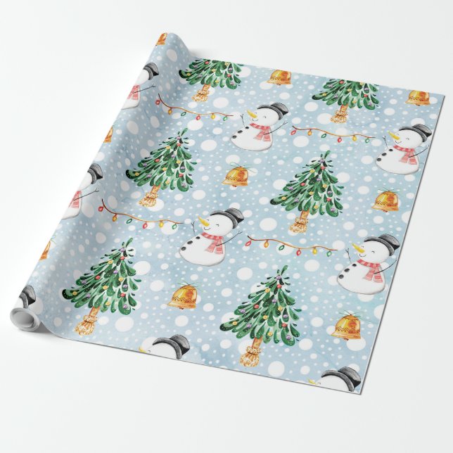 Schneemann mit Tannenbaum im Aquarellmuster Geschenkpapier (Ungerollt)
