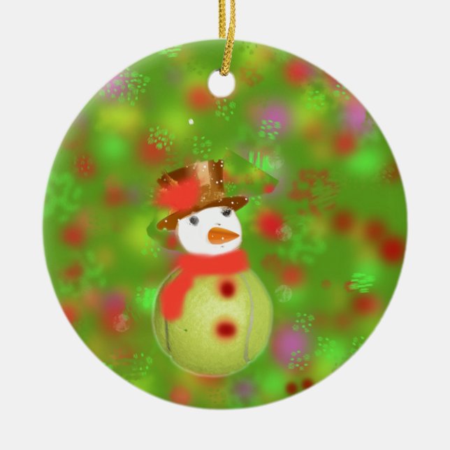 Schneemann mit Tennisballwillkommens-Ferienzeit Keramik Ornament (Vorne)