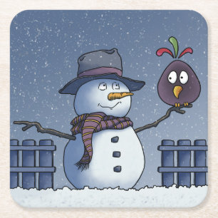 Schneemann mit Vogel Rechteckiger Pappuntersetzer