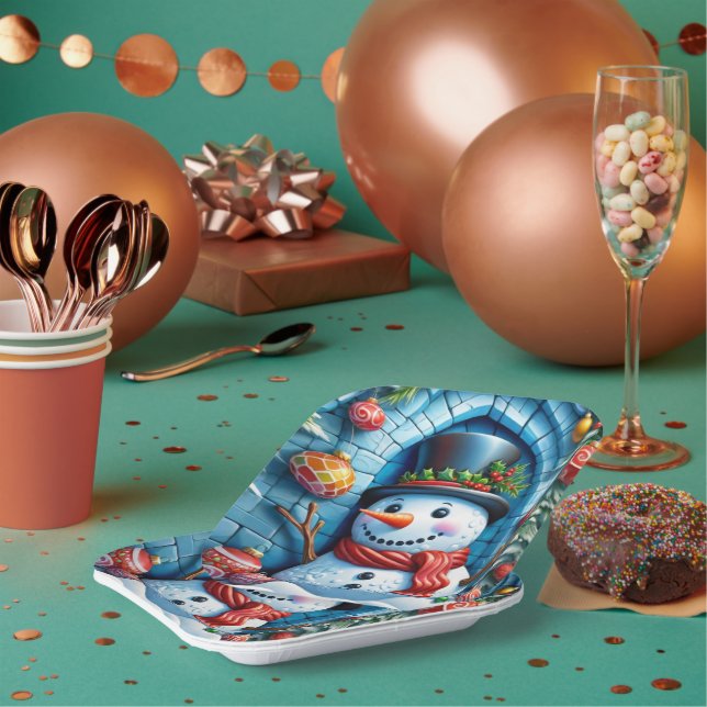 Schneemann mit Weihnachtsdeko -  Pappteller (Multi)