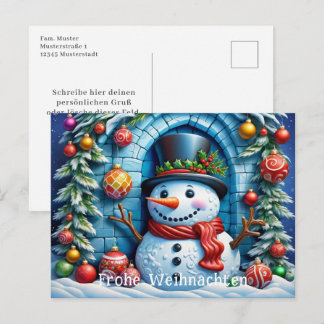 Schneemann mit Weihnachtsdeko -  Postkarte