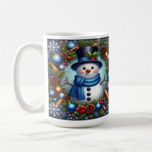 Schneemann mit Weihnachtsdekorationen und Pinienza Kaffeetasse