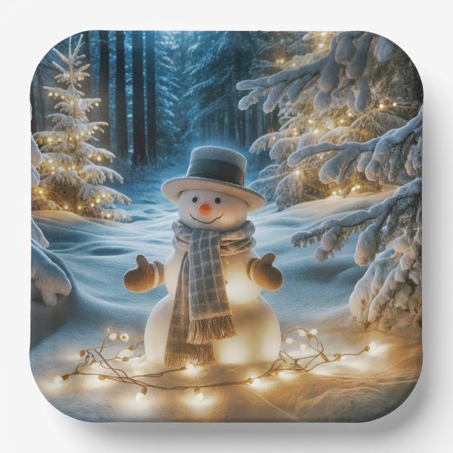 Schneemann mit Weihnachtslicht Pappteller (Vorderseite)