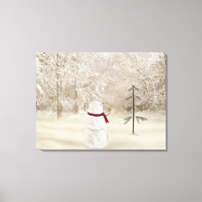 Schneemann mit Weihnachtsstar Leinwanddruck (Vorderseite)