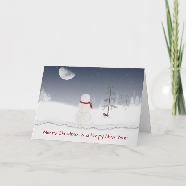 Schneemann mit Weihnachtsstern Feiertagskarte (Vorderseite)