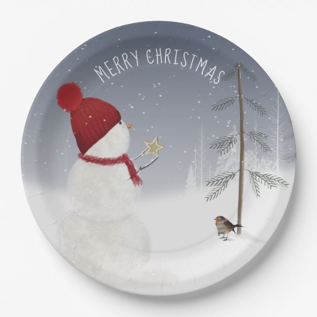 Schneemann mit Weihnachtsstern Pappteller (Vorderseite)