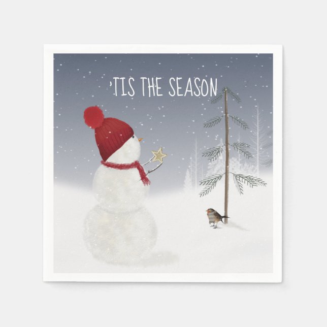 Schneemann mit Weihnachtsstern Serviette (Vorderseite)