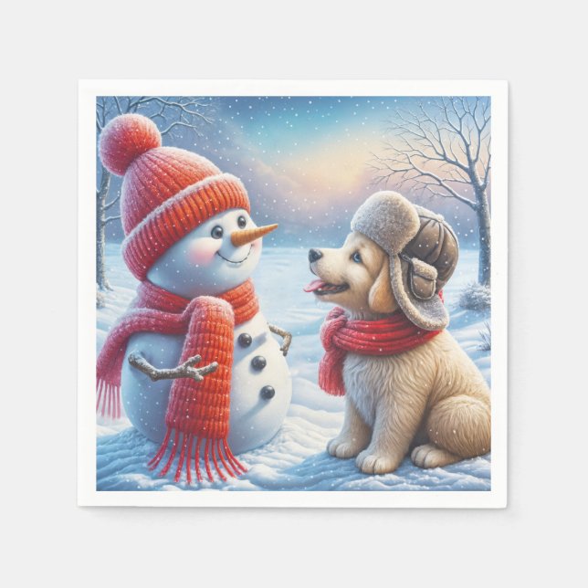 Schneemann mit Welpe Serviette (Vorderseite)