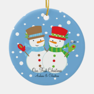 Schneemann-Paare unsere erste Weihnachtsverzierung Keramikornament