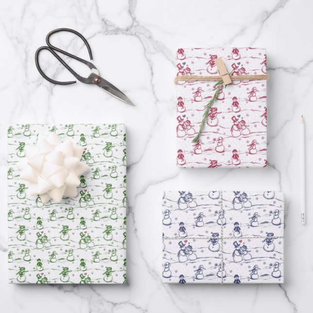 Schneemann-Paradetoile - blau-grün Geschenkpapier Set (Vorderseite)